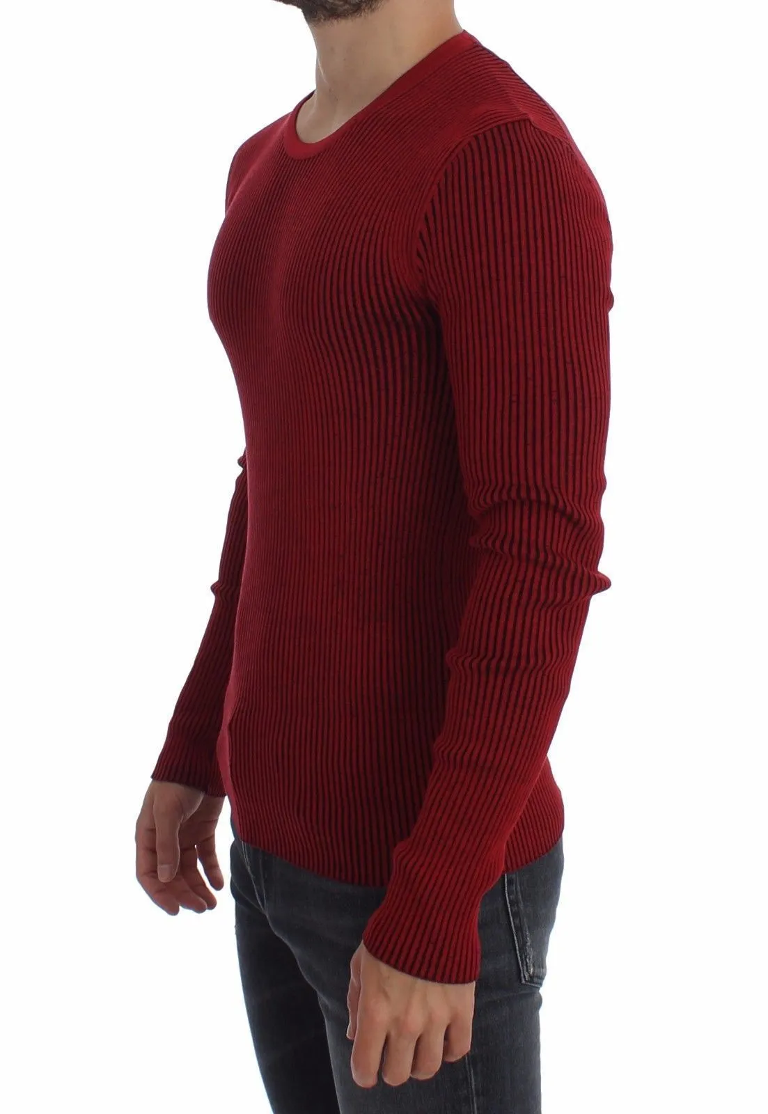 Red Silk Crewneck Ribbed Sweater
