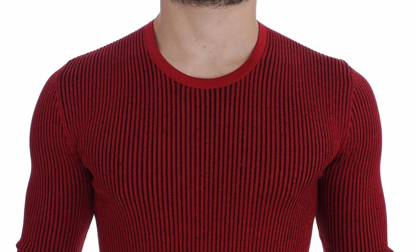 Red Silk Crewneck Ribbed Sweater