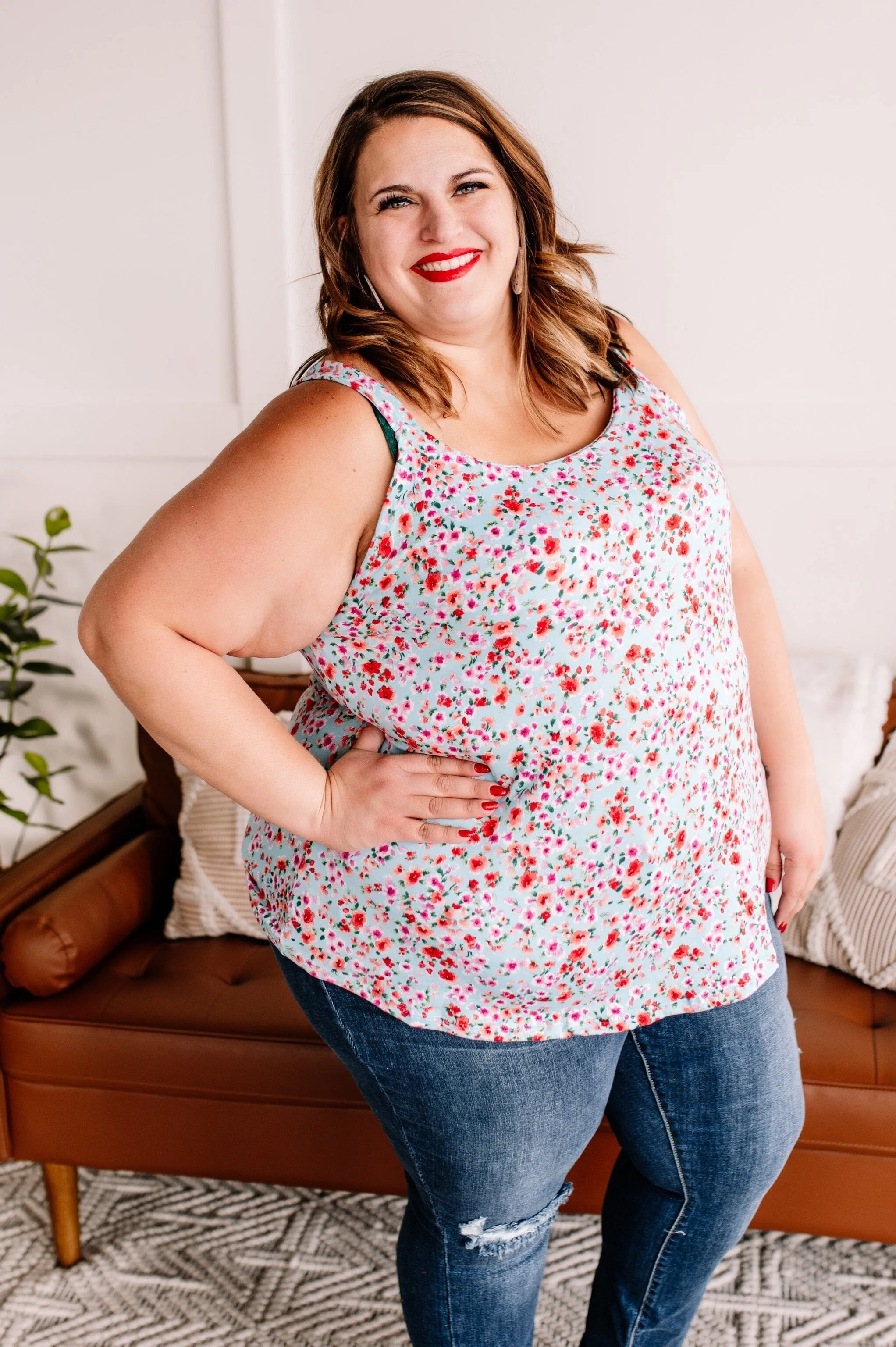Reese Wide Strap Cami Tank in Ditsy Floral on Aqua