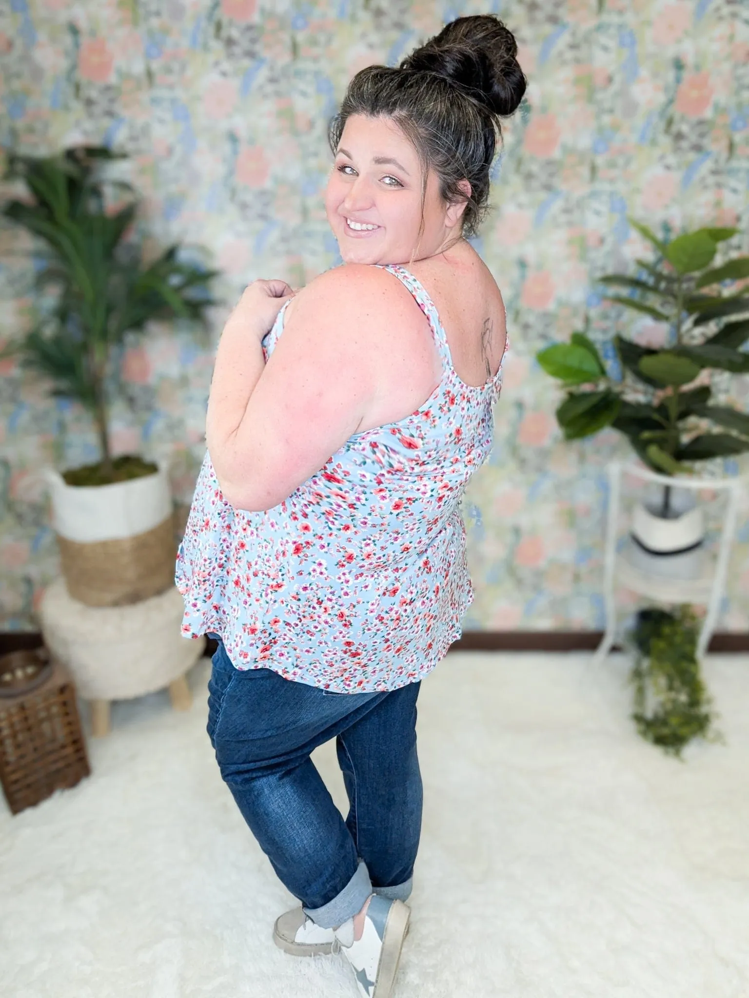 Reese Wide Strap Cami Tank in Ditsy Floral on Aqua