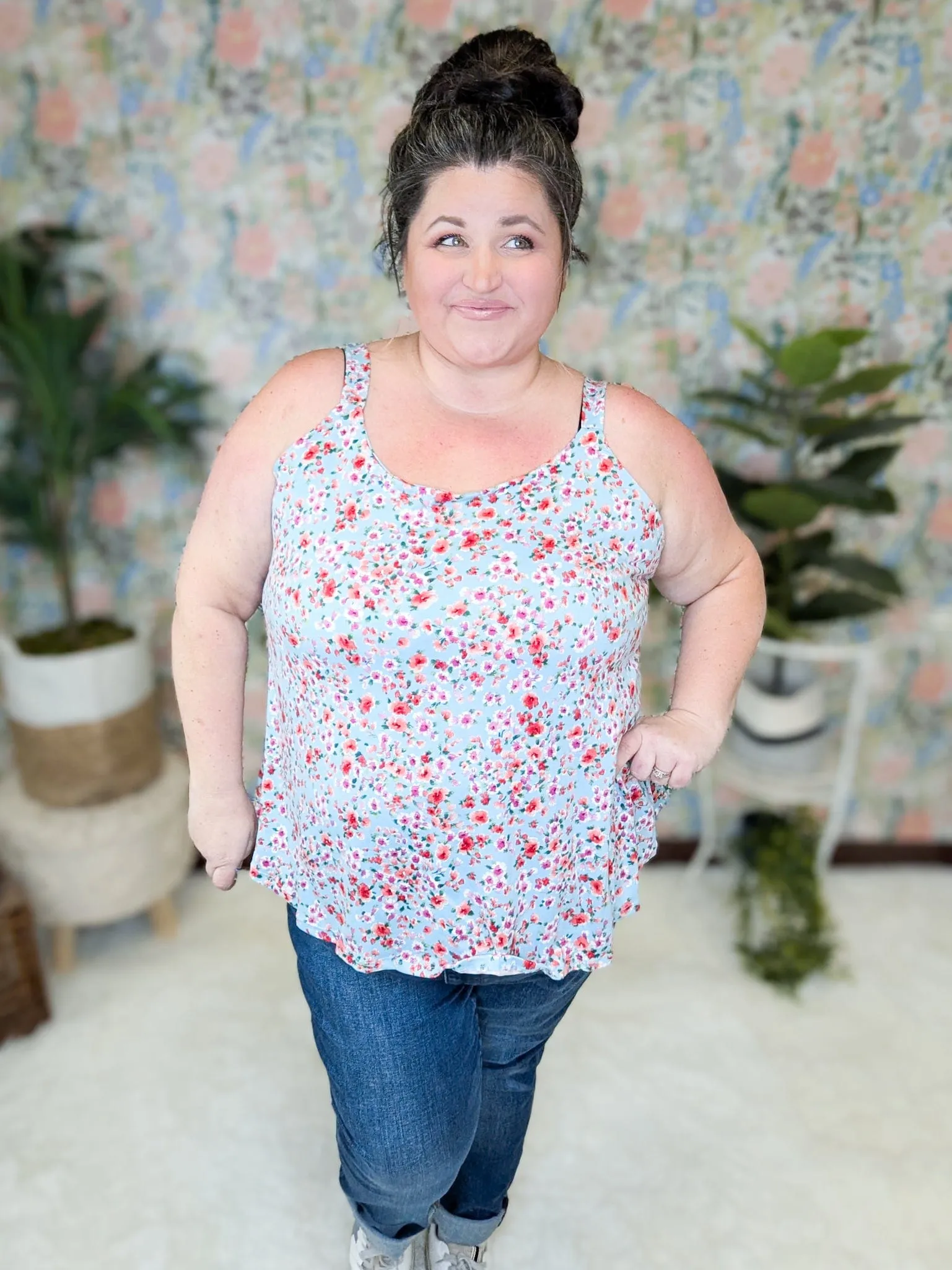 Reese Wide Strap Cami Tank in Ditsy Floral on Aqua