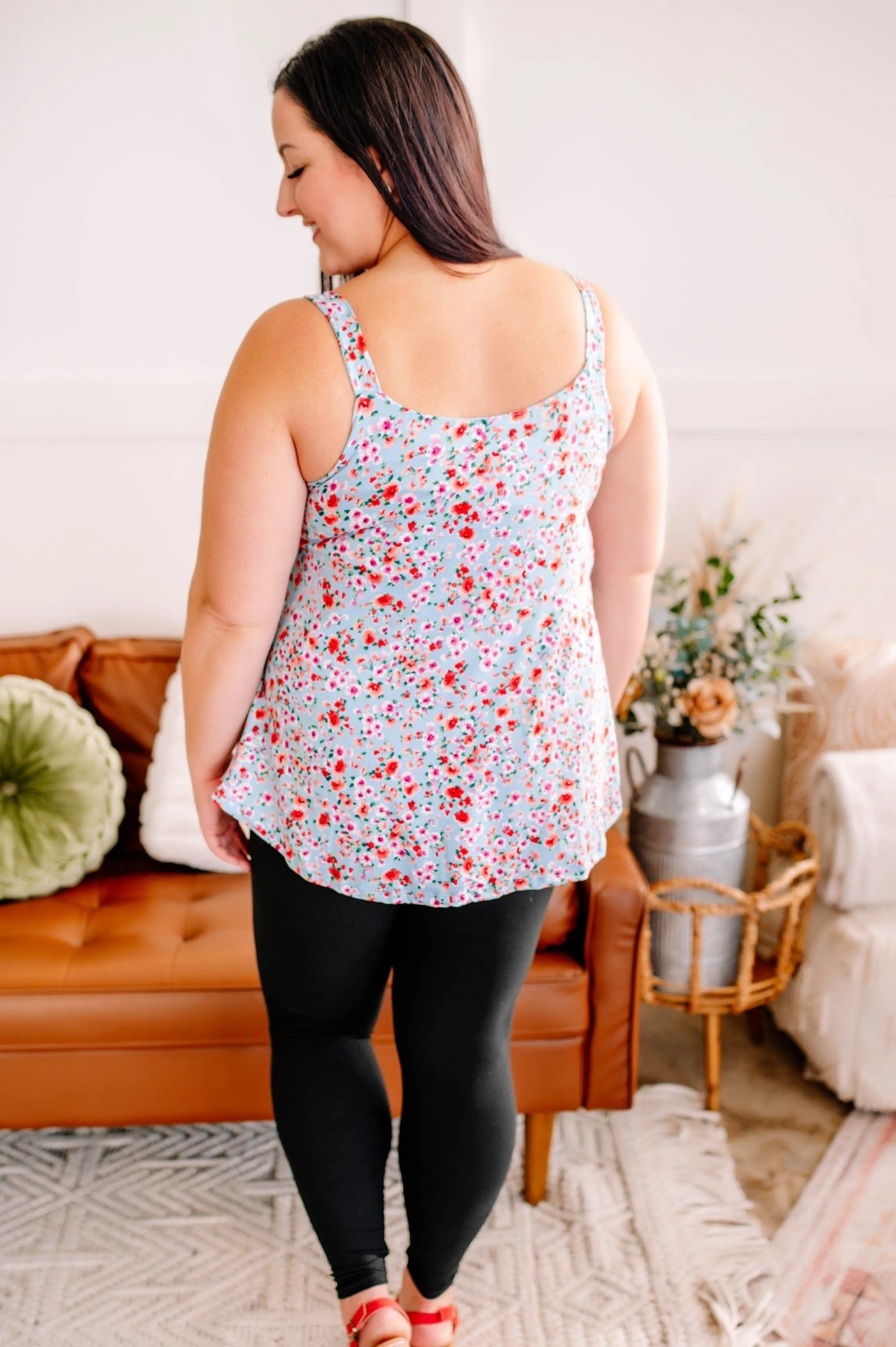 Reese Wide Strap Cami Tank in Ditsy Floral on Aqua