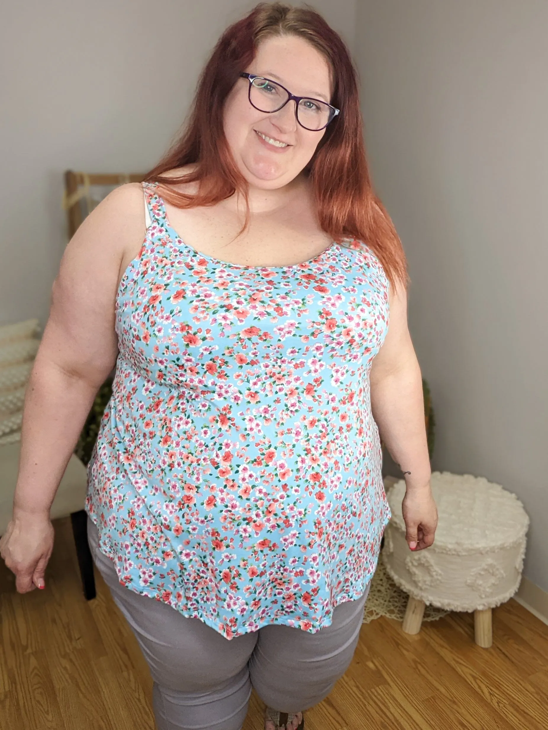 Reese Wide Strap Cami Tank in Ditsy Floral on Aqua