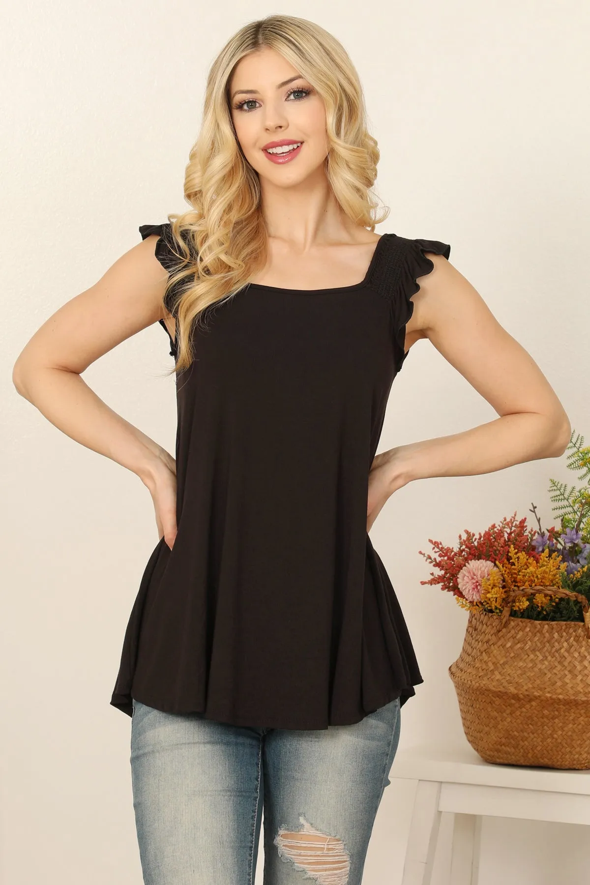 Ruffle Sleeveless Solid Top