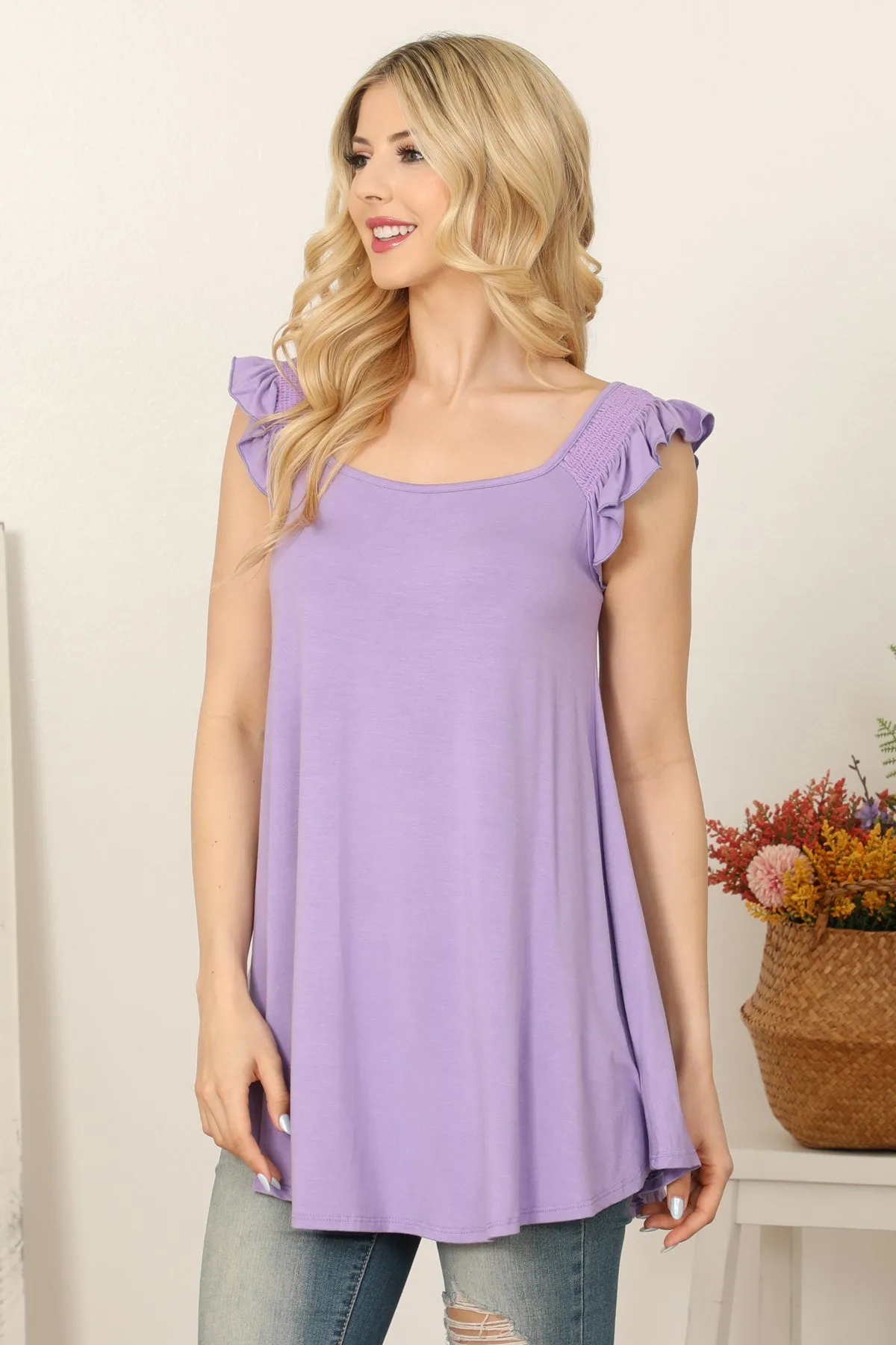 Ruffle Sleeveless Solid Top
