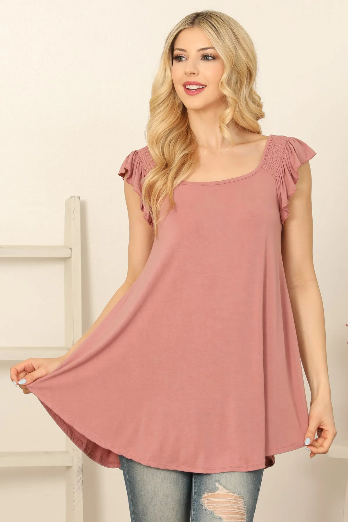 Ruffle Sleeveless Solid Top