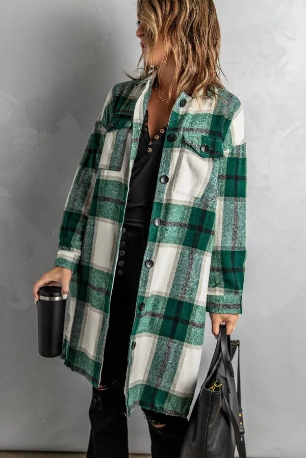 Shirt Collar Button Closure Plaid Coat