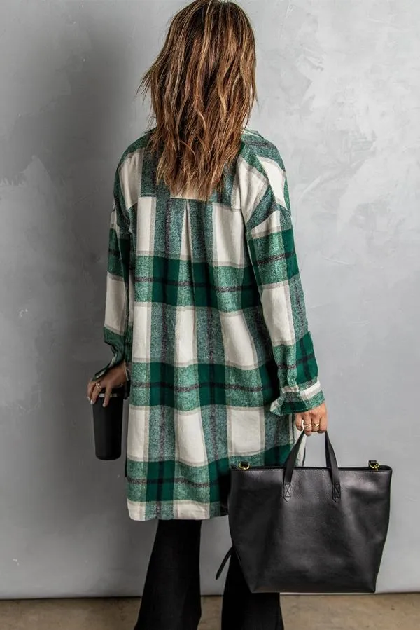 Shirt Collar Button Closure Plaid Coat