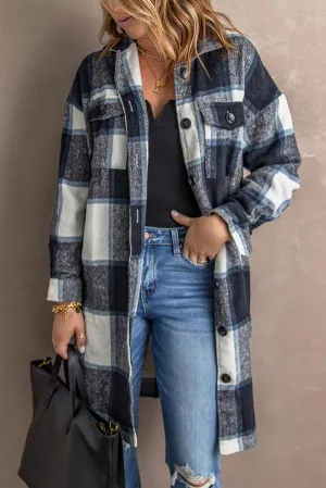 Shirt Collar Button Closure Plaid Coat