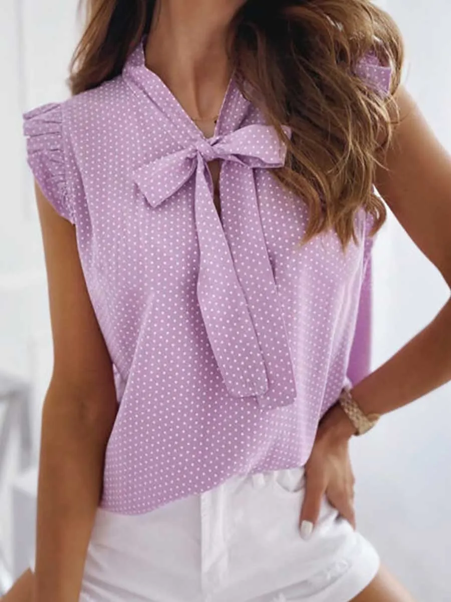 Stunncal Polka Dot Bow Neck Sleeveless Blouse Top