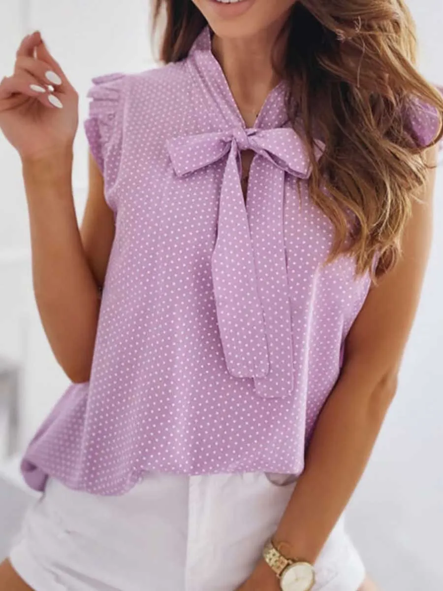 Stunncal Polka Dot Bow Neck Sleeveless Blouse Top