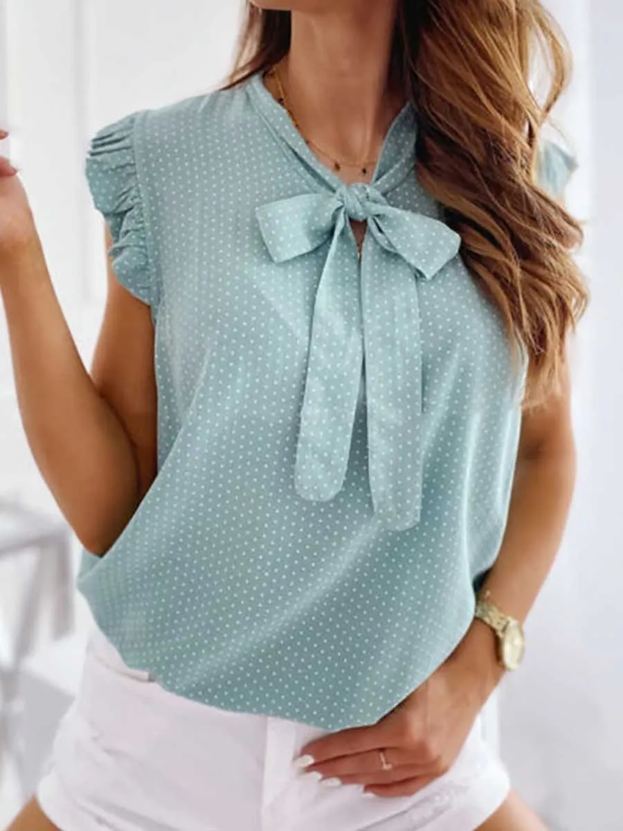 Stunncal Polka Dot Bow Neck Sleeveless Blouse Top