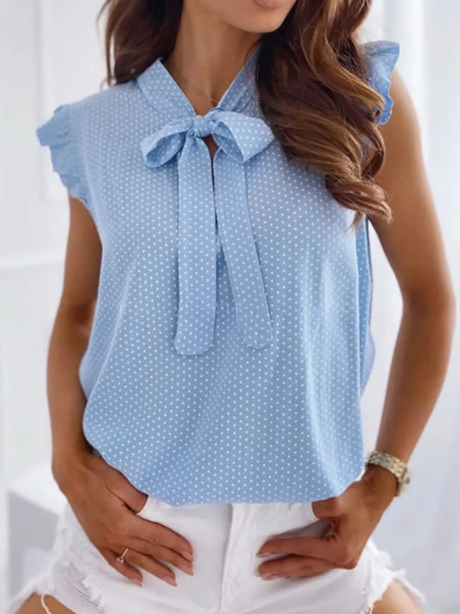 Stunncal Polka Dot Bow Neck Sleeveless Blouse Top