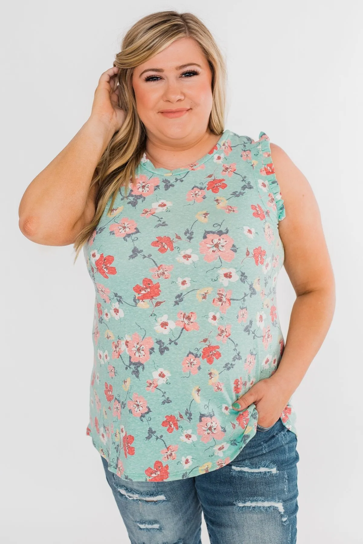 Sunny Day Picnic Ruffle Floral Top- Light Blue