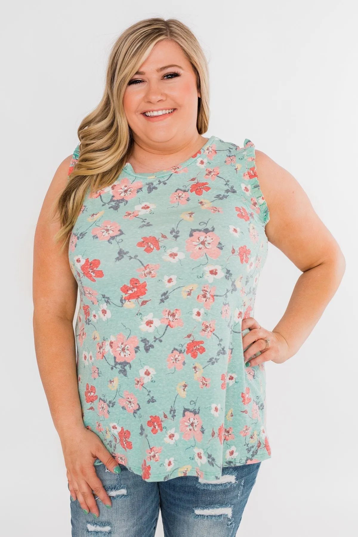 Sunny Day Picnic Ruffle Floral Top- Light Blue