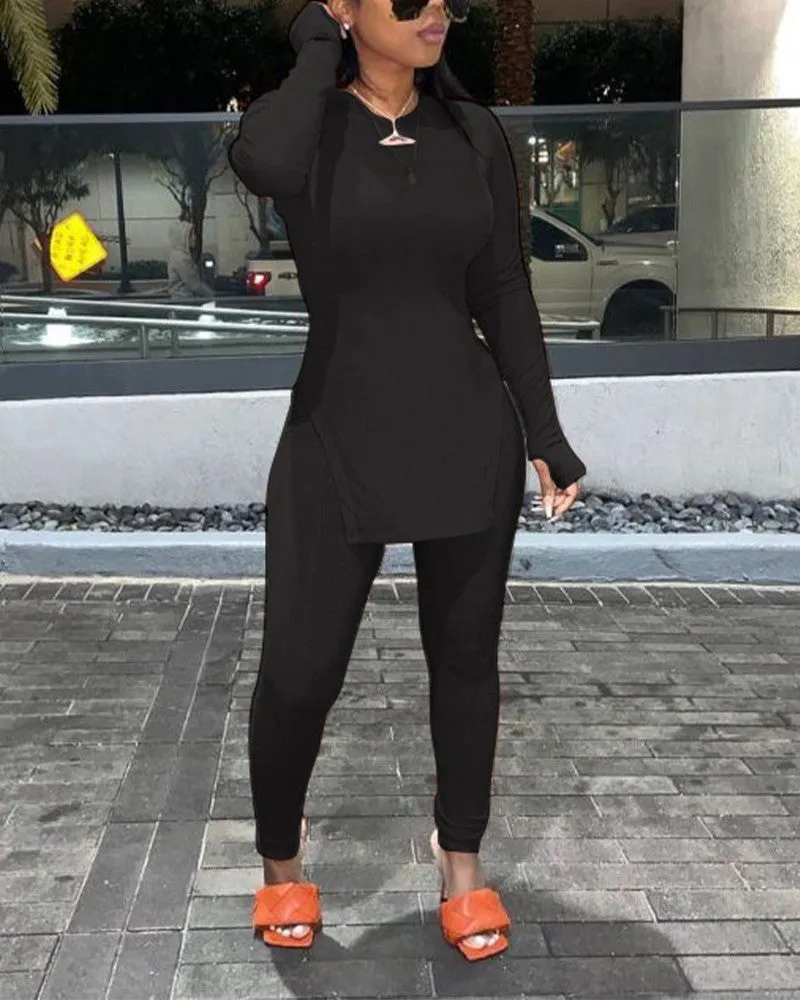 Thumb Hole Split Hem Top & Pencil Pants Set