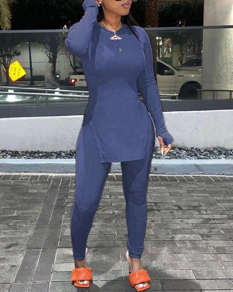 Thumb Hole Split Hem Top & Pencil Pants Set