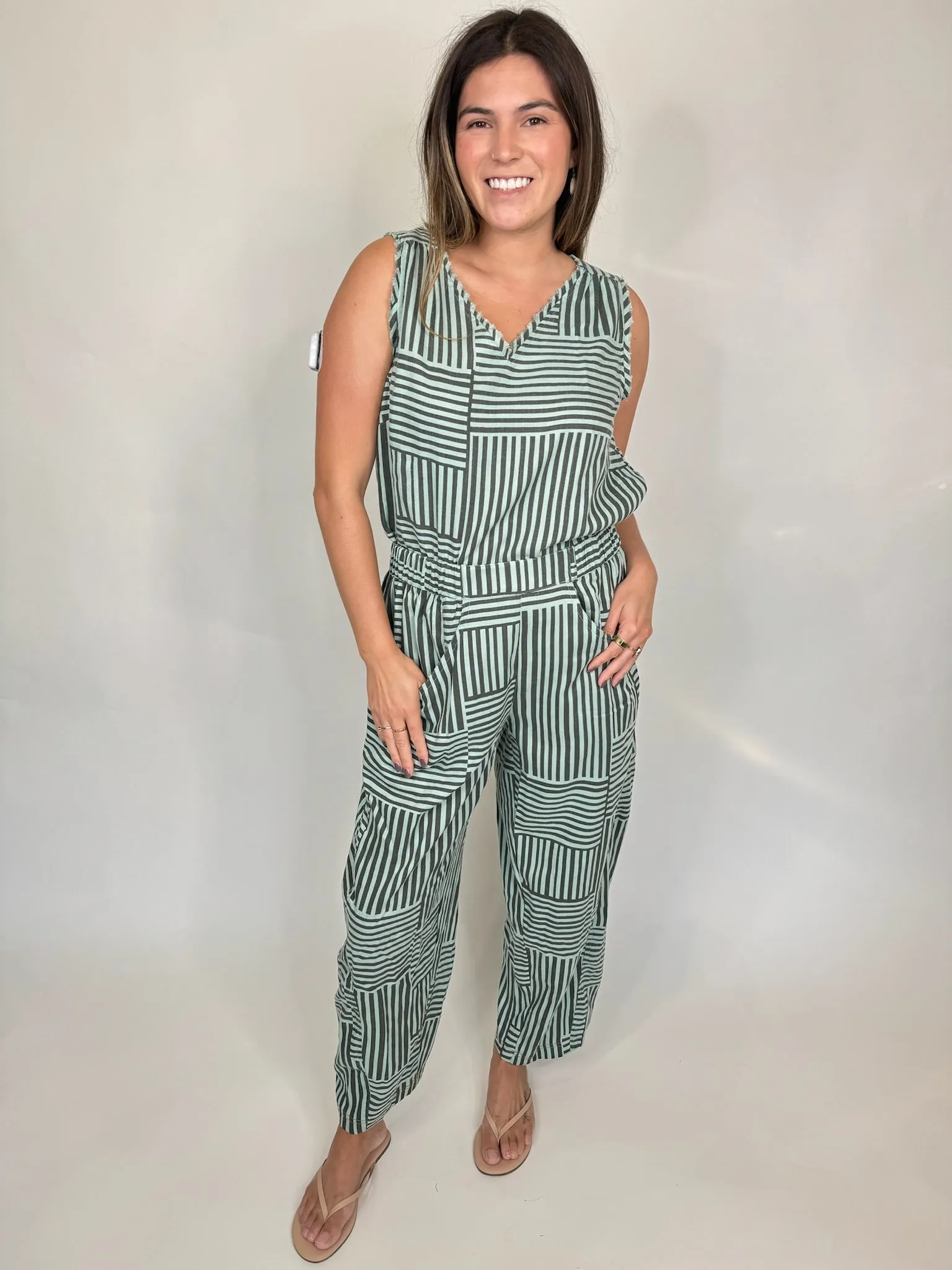 Umgee Striped Sleeveless Fray Hem Top