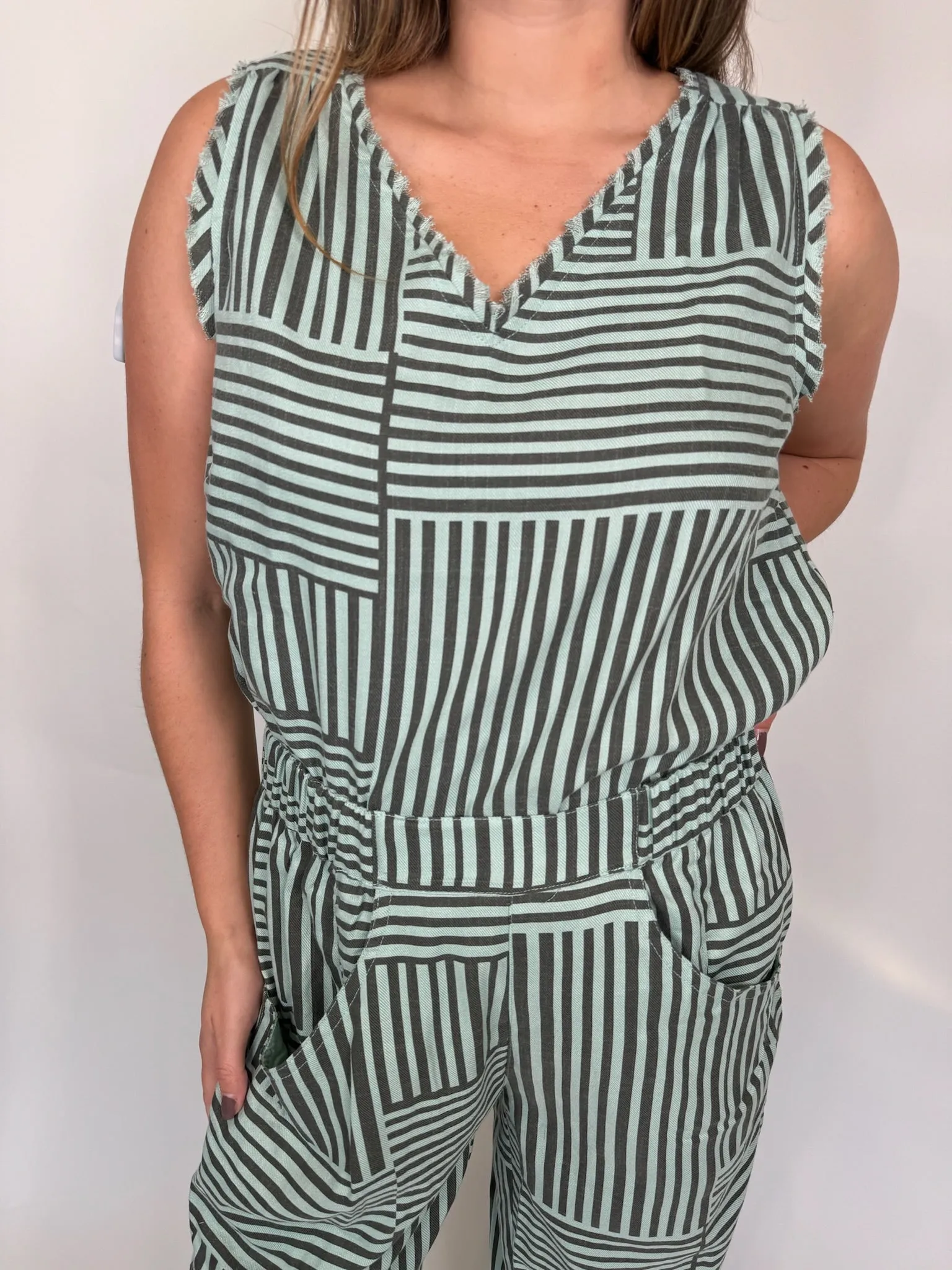 Umgee Striped Sleeveless Fray Hem Top