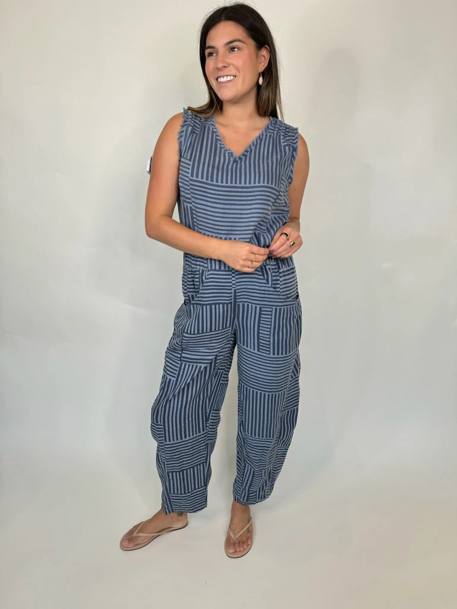 Umgee Striped Sleeveless Fray Hem Top