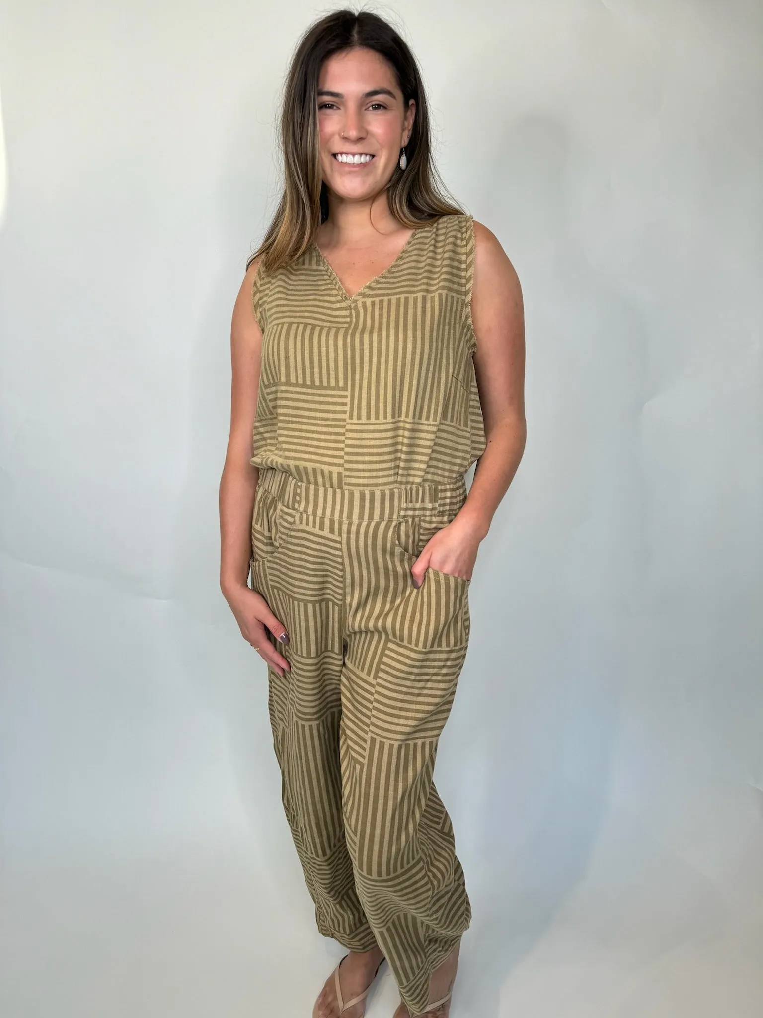 Umgee Striped Sleeveless Fray Hem Top