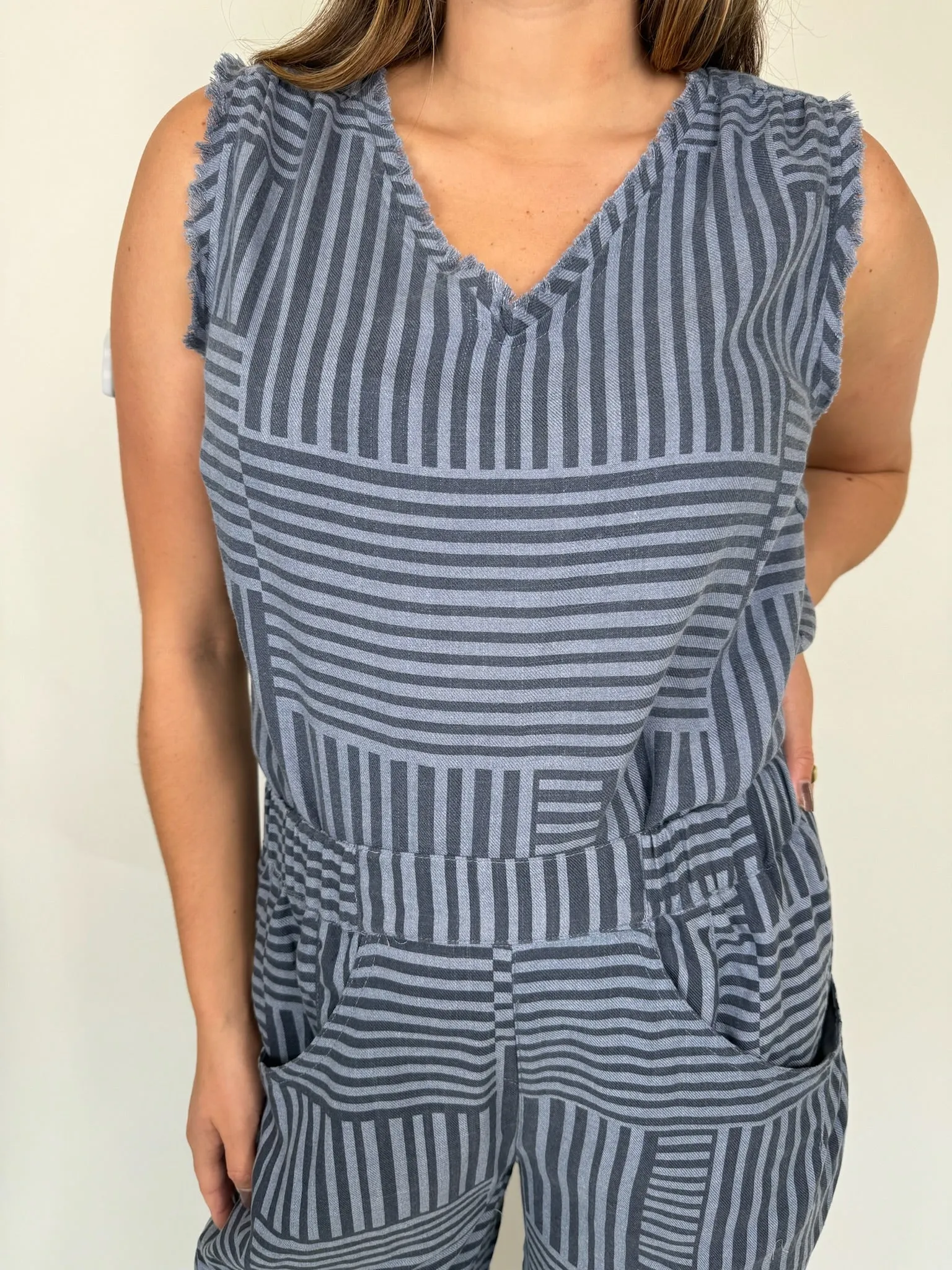 Umgee Striped Sleeveless Fray Hem Top