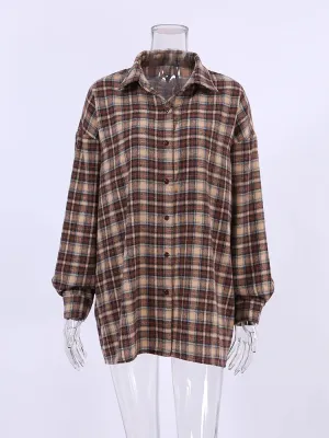 Vintage Plaid Shirts for Women Loose Fit Blouse Button Top Oversized Long Shirts