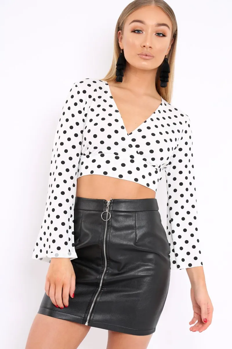 White Polka Dot Flare Sleeve Crop Top - Eshe