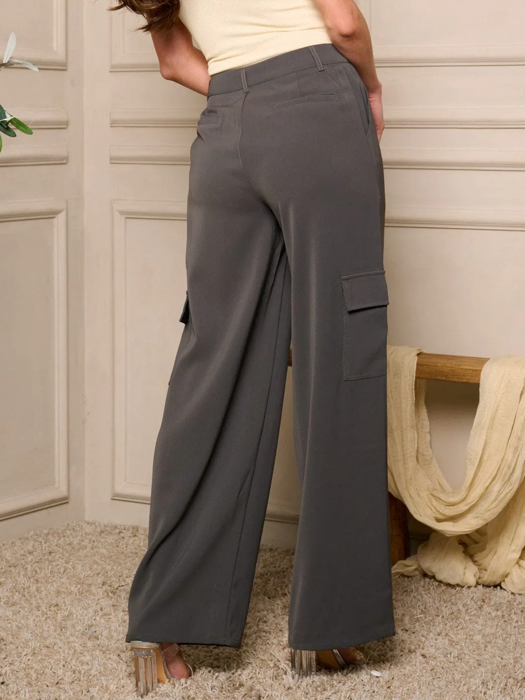 WOMEN'S HIGH WAIST CARGO POCKETS WIDE LEG PANTS