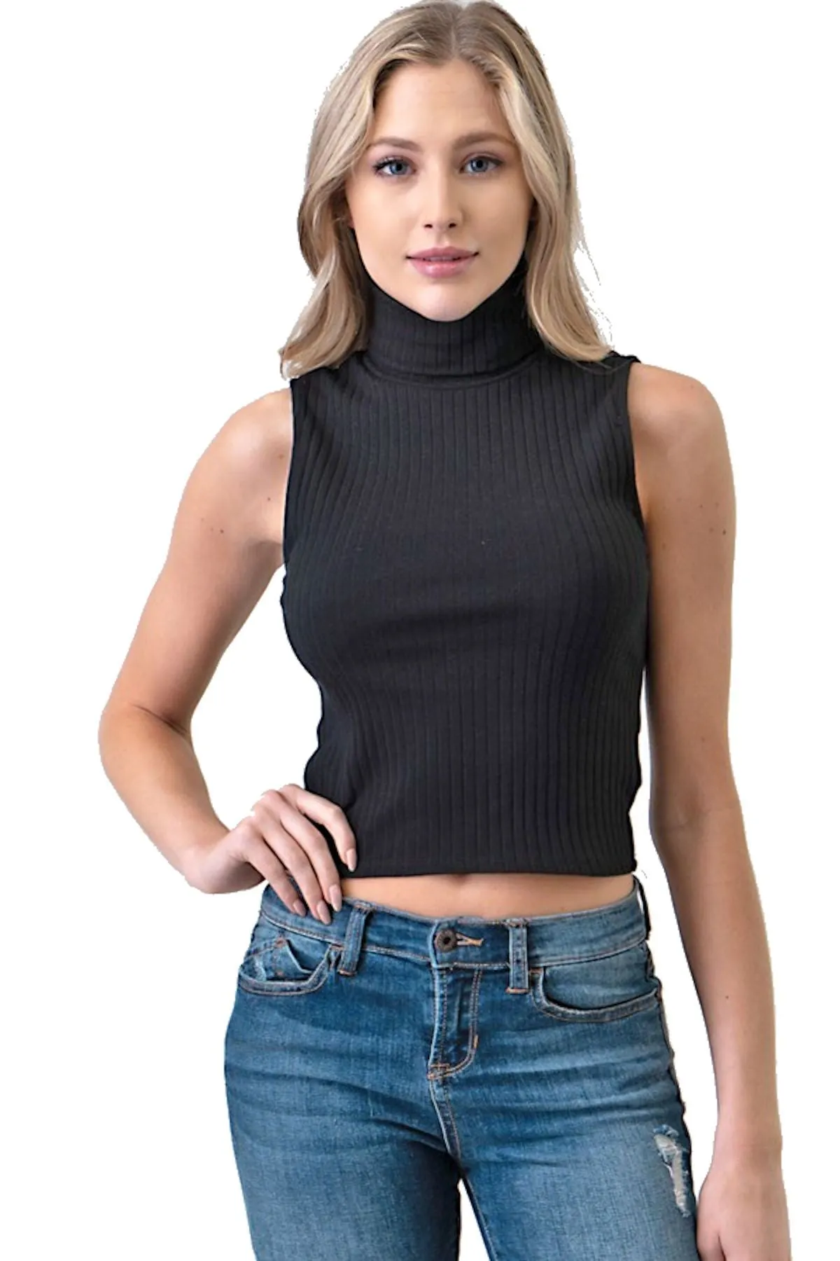 Women's White Crop Top Sleeveless Turtleneck