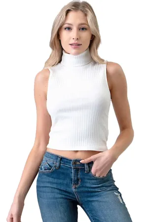 Women's White Crop Top Sleeveless Turtleneck